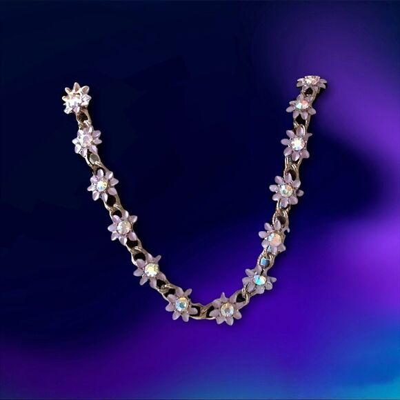Vintage enamel lavender metal flower ab crystal  floral link necklace 15” - Picture 9 of 14
